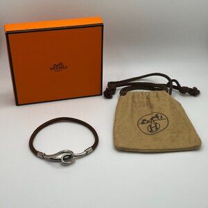 Men's Hermes Brown Leather & Palladium Jumbo H Bracelet